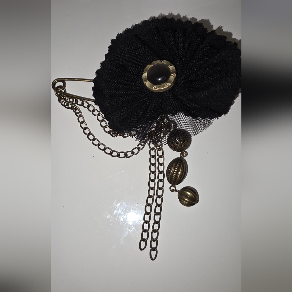 Accessorize Black and Bronze Brooch with Chain Details